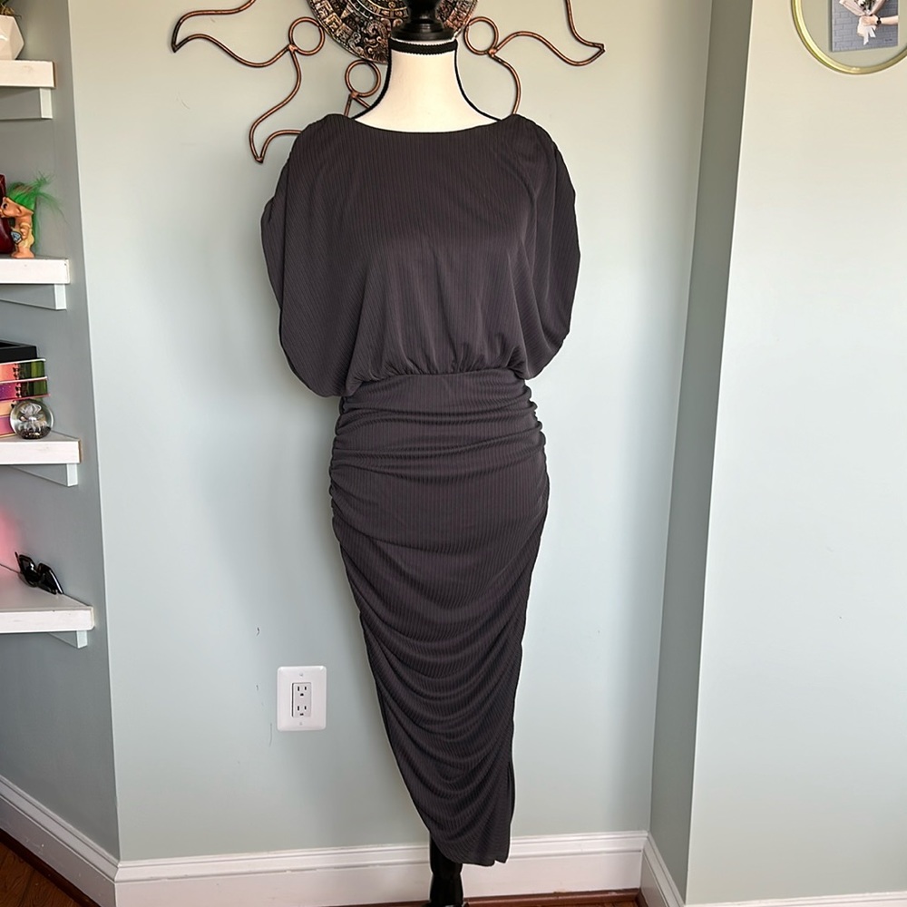 Incredibly soft backless dress wih rouging skirt detail